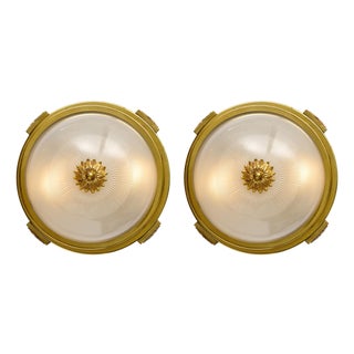 Art Deco Period French Ceiling Mounts, Brass and Etched Glass For Sale