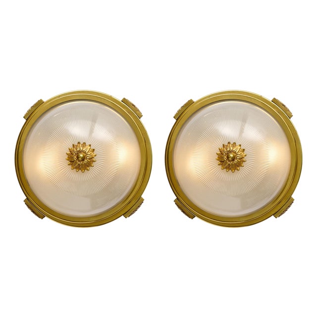 Art Deco Period French Ceiling Mounts, Brass and Etched Glass For Sale