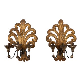 Pair 19th Century, Italian Baroque Revival Gilt Wood & Tole Three-Arm Sconces For Sale