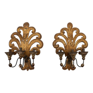 Pair 19th Century, Italian Baroque Revival Gilt Wood & Tole Three-Arm Sconces