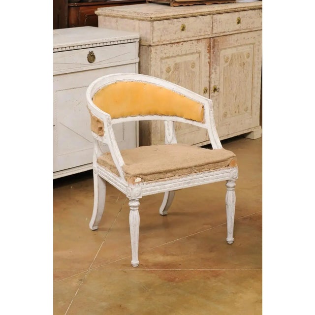 Wood Swedish Gustavian Style Painted Tub Chairs with Carved Campanula Friezes - A Pair For Sale - Image 7 of 13