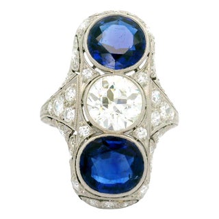 1920s Art Deco Blue Sapphire Diamond Platinum Navette Ring, Size 5.5 For Sale