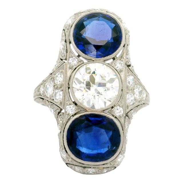 1920s Art Deco Blue Sapphire Diamond Platinum Navette Ring, Size 5.5 For Sale