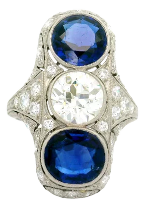 1920s Art Deco Blue Sapphire Diamond Platinum Navette Ring, Size 5.5