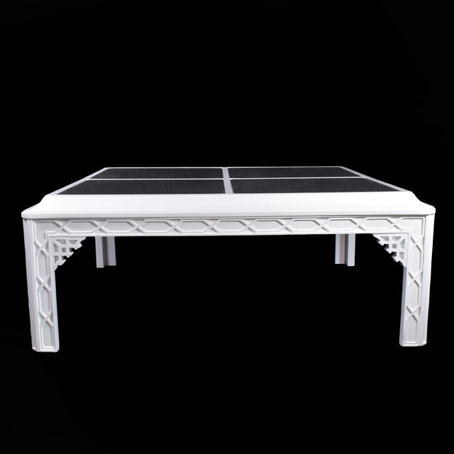 Presenting the elegant Hollywood Regency Mirrored Fretwork Coffee Table, featuring smoke glass accents, in beautiful as-...