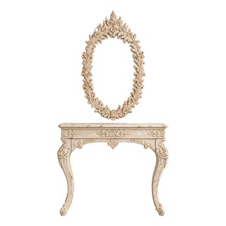 Late 20th Century Turner MFG Co Rococo Style Set Ornate Cream Distressed Console Table Oval Mirror For Sale
