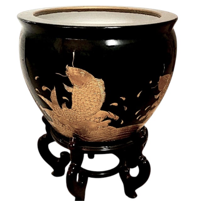 Contemporary 90s Jet Black Gilded Porcelain Planter With a Jumping Koi Motif on Lacquered Wood Stand For Sale - Image 3 of 10