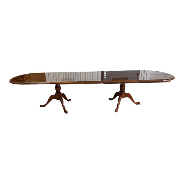 Custom Made Banquet Eastern Black Walnut Two Pedestal Dining Table With Three Leaves, Late 20th Century For Sale