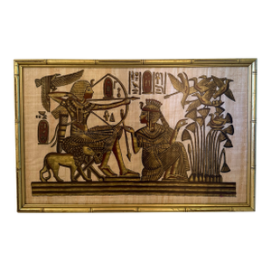 Mid 20th Century Framed Egyptian Papyrus Painting - Pharaoh and Queen Hunting Scene With Hieroglyphs, Gold and Brown Tones