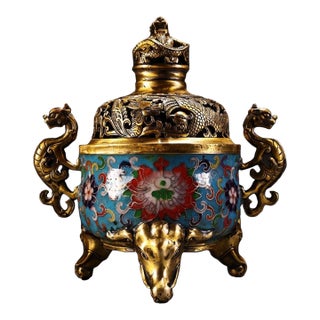 Vintage Chinese Gilt‑Brass Cloisonné Enamel Incense Burner, Dragon Ears Elephant Feet Censer For Sale