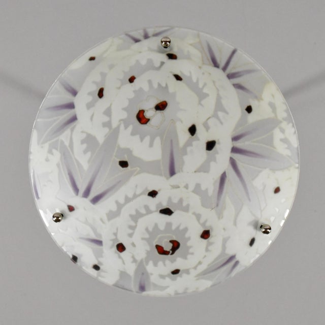 French Art Deco Pendant Light by Maxonade 1930s - Floral Enameled Bowl Nickeled Bronze For Sale - Image 9 of 14