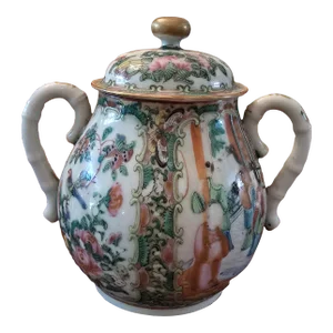Antique Chinese Porcelain Rose Medallion Jar Faux Bamboo
