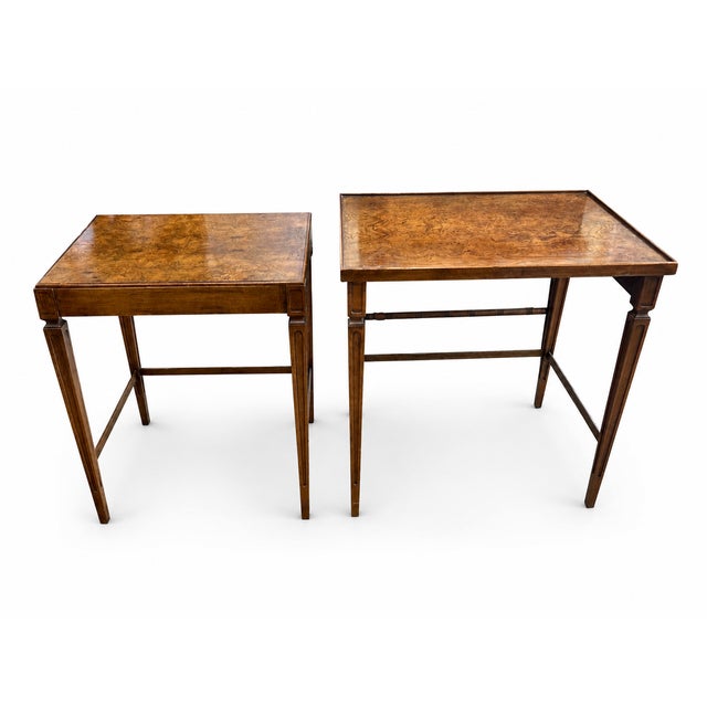 English Pair of Baker Furniture Burl Wood Nesting Tables With Gallery Tray Tops For Sale - Image 3 of 11