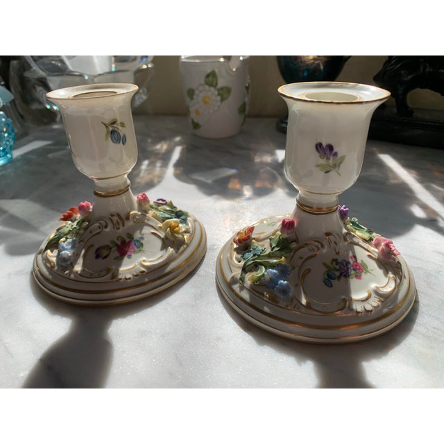 Shabby Chic Antique Dresden Porcelain Floral Candlestick Holders a Pair For Sale - Image 3 of 12