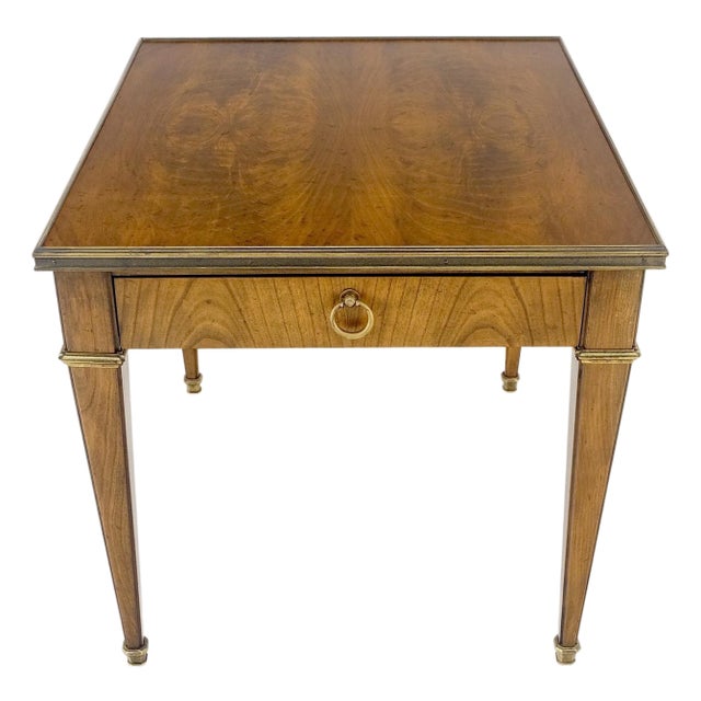 Baker Satinwood One Drawer Brass Trim 27x24" Rectangle Side End Table Stand For Sale