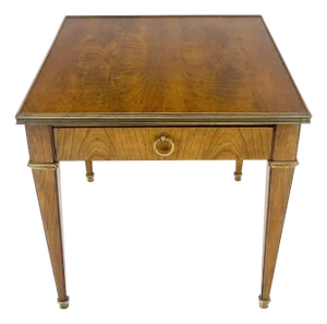Baker Satinwood One Drawer Brass Trim 27x24" Rectangle Side End Table Stand