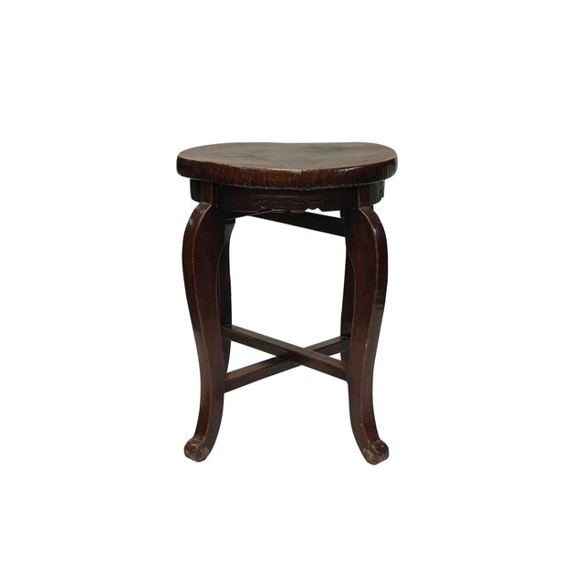 Rustic Vintage Oriental Brown Leather Top Round 4 Legs Stool Table For Sale - Image 3 of 8