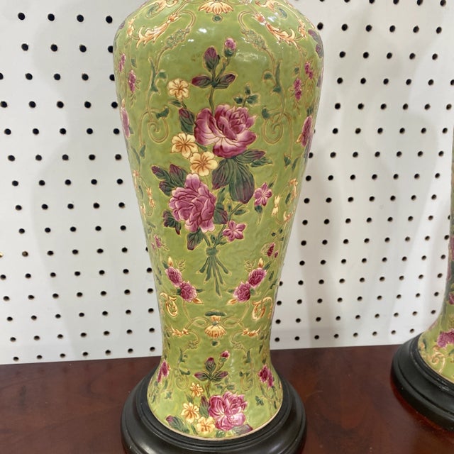 Boho Chic Mid 20th Century Floral Asian Lamps - a Pair For Sale - Image 3 of 11