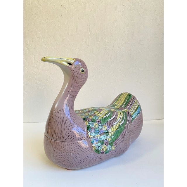 Fantastic hand painted Chinese export style porcelain goose. Most likely from the late 19th century. Each feather is...