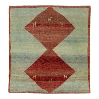 5x5 Modern Hand-Knotted Gabbeh Rug - Tribal Animal & Diamond Motif - Sky Blue For Sale