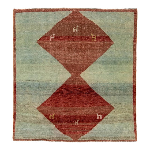 5x5 Modern Hand-Knotted Gabbeh Rug - Tribal Animal & Diamond Motif - Sky Blue For Sale