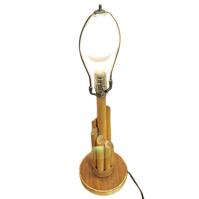 1950s Mid Century Modern Sculptural Mahogany & Wicker Wrapped Rattan Graduated 7-Pole Table Lamps, Pair For Sale - Image 4 of 7