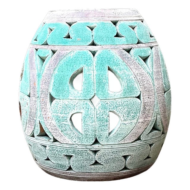Vintage Patinated Ceramic Low Stool For Sale