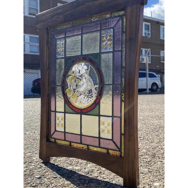 Antique French Art Nouveau Stained Leaded Glass Windows with Birds in More Recent Wooden Frames - a Pair. Circa Early 20th...