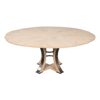 Transitional Round Dining Table, Medium – Bleached Oak With Hammered Iron Accents For Sale