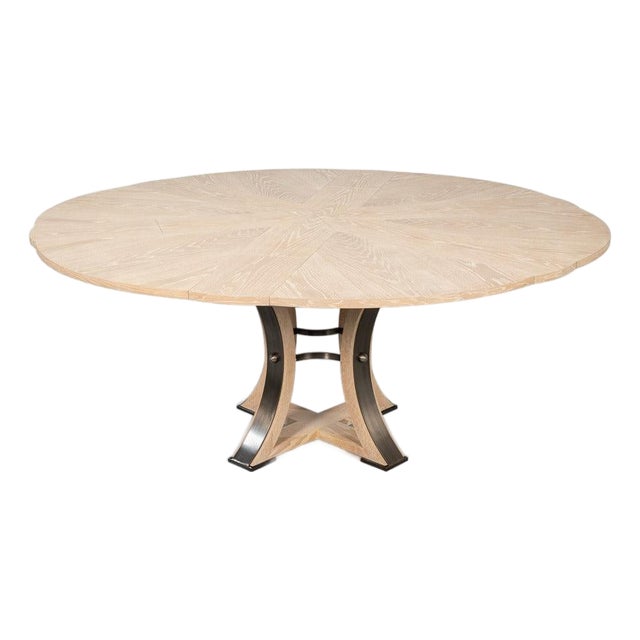 Transitional Round Dining Table, Medium – Bleached Oak With Hammered Iron Accents For Sale