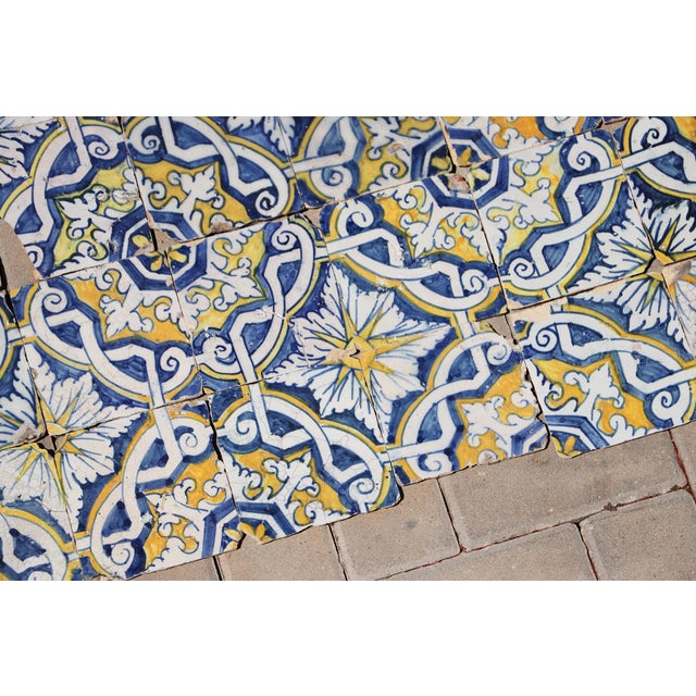 17th Century Portuguese Antique Tiles Set of 40 Blue, Yellow & White Geometric Floral For Sale - Image 4 of 18