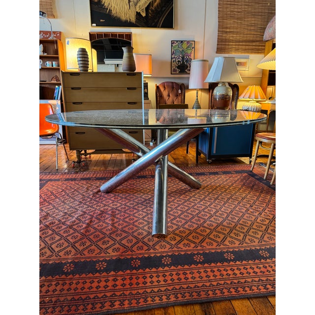 Chrome Late 20th Century MCM Milo Baughman-Inspired Chrome Jax Table With 5-Foot Crackled Glass Top For Sale - Image 8 of 8