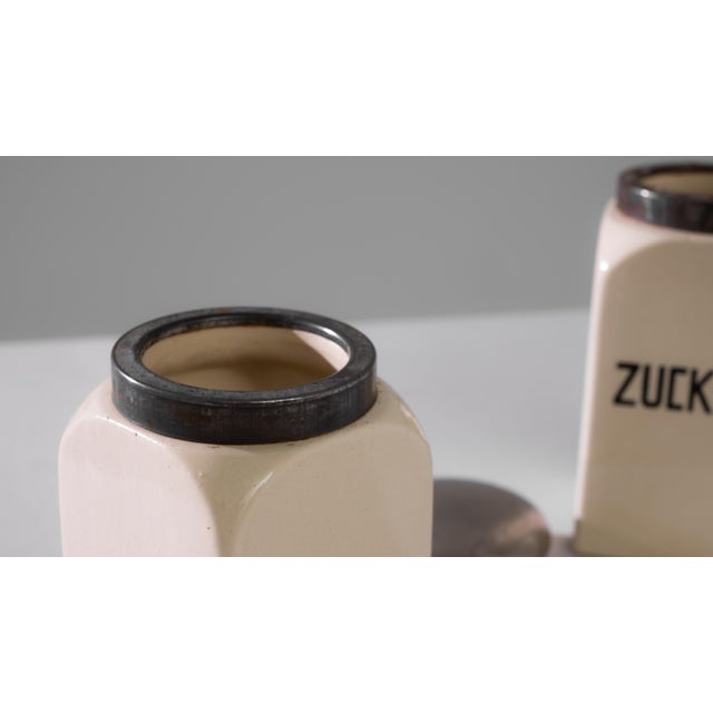 Rustic European 1900s German Ceramic Boxes with Metal Lid, a Pair For Sale - Image 3 of 4