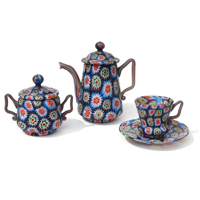 Beautiful antique Murano hand blown millefiori flower mosaic Italian art glass teapot, sugar bowl, with teacup and saucer...