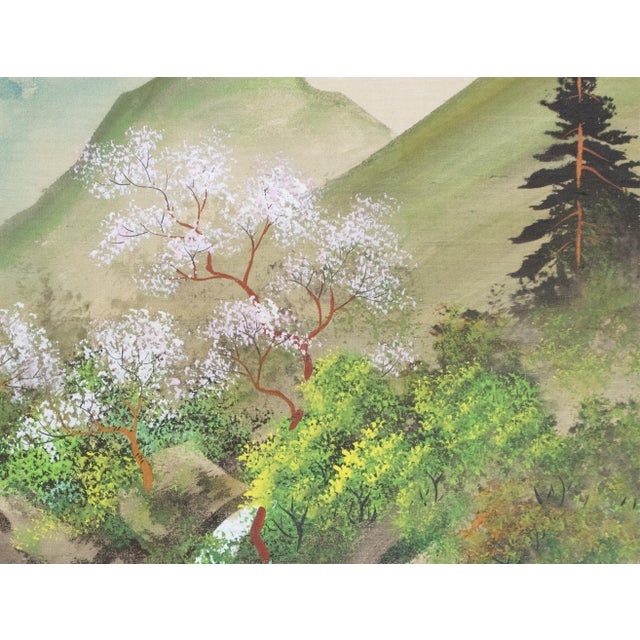1960s Shōwa Era Japanese Byobu Screen "Spring Landscape With Mountains" For Sale - Image 13 of 18