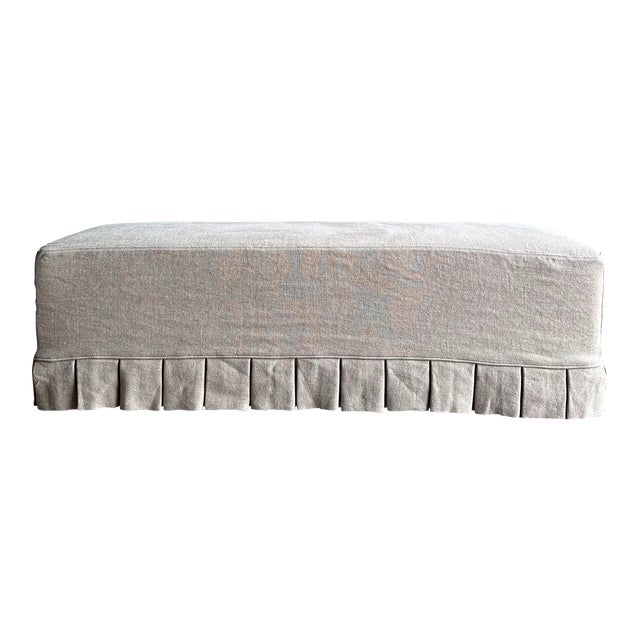 Greige Linen Slipcovered Bench With Pleated Skirt Details and White Oak Legs For Sale