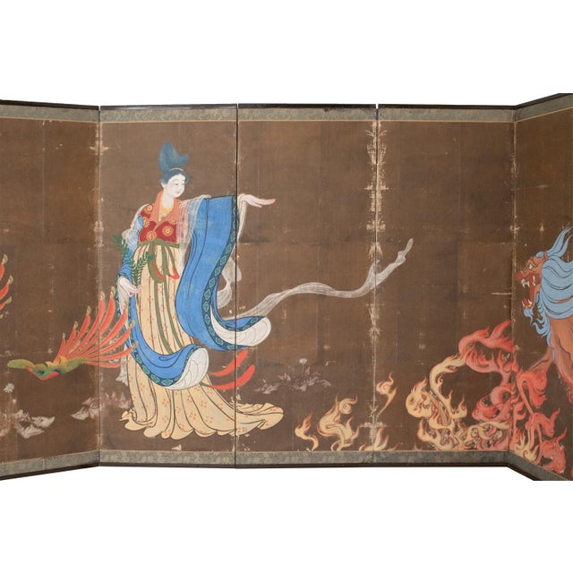 Large Meiji to Early Showa Japanese 8-Panel Painted Byobu Screen "Celestial Maiden" For Sale - Image 4 of 18