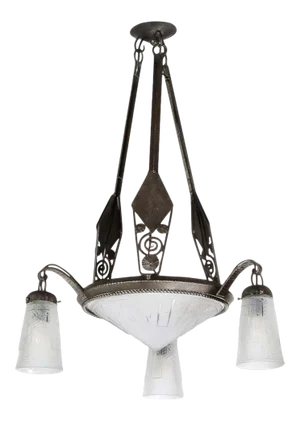Art Deco Cubist Wrought Iron & Frosted Glass Chandelier, Manner of Edgar Brandt