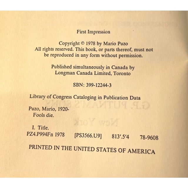1978 First Impression “ Fools Die” Book by Mario Puzo For Sale - Image 4 of 5