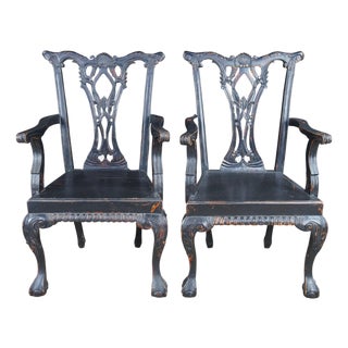 Late 20th Century 2 English Chippendale Style Black Painted Mahogany Ball & Claw Armchairs For Sale