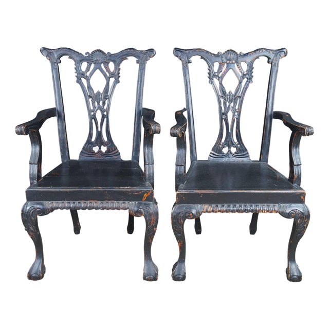 Late 20th Century 2 English Chippendale Style Black Painted Mahogany Ball & Claw Armchairs For Sale