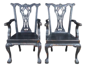Late 20th Century 2 English Chippendale Style Black Painted Mahogany Ball & Claw Armchairs
