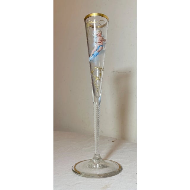 Antique Handmade Gold Gilded Enameled Glass Crystal Cherub Putti French Bud Vase For Sale - Image 9 of 13