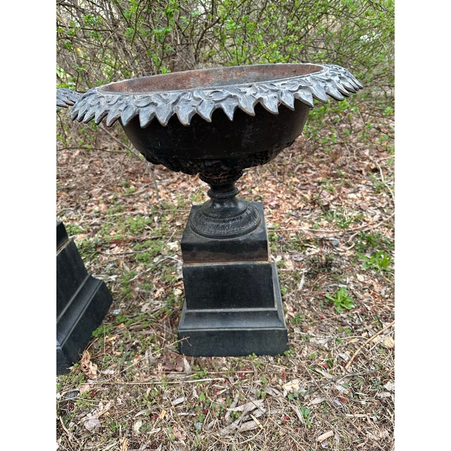 Metal 19th Century Victorian Garden Urns Planters - Set of 2 For Sale - Image 7 of 12