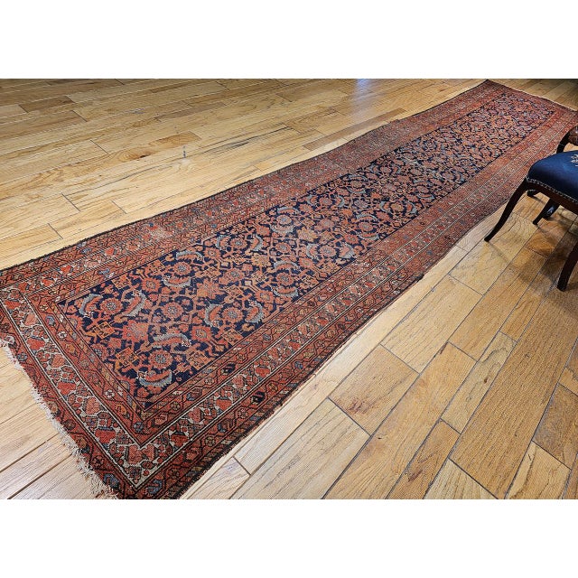 19th Century Persian Malayer Runner Rug, Hand-Knotted Wool, Geometric Pattern, 4x 16, Rust-Red & Blue For Sale In Chicago - Image 6 of 16