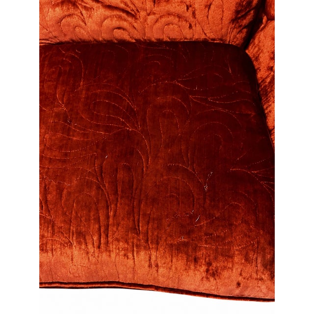 Wood 1970s Burnt Orange Crushed Velvet Curved Loveseat For Sale - Image 7 of 10