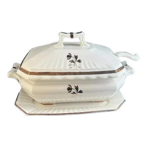 Vintage Red Cliff Tea Leaf Soup Tureen Lidded Serving Dish with Ladle & Underplate