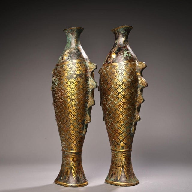 Pair of Vintage Bronze Fish Vases With Gold Inlay - 3.3 LBS Each For Sale - Image 4 of 9