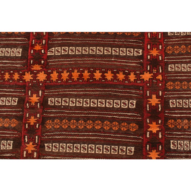 Vintage Kilim Striped Beige-Brown Orange Embroidery Angora Wool Flat Weave For Sale - Image 4 of 8