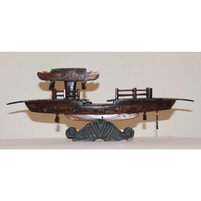 1900 - 1909 Antique Early 1900s Chinese Dragon Boat Figurine With Pagoda Detail and Bone Inlay For Sale - Image 5 of 16